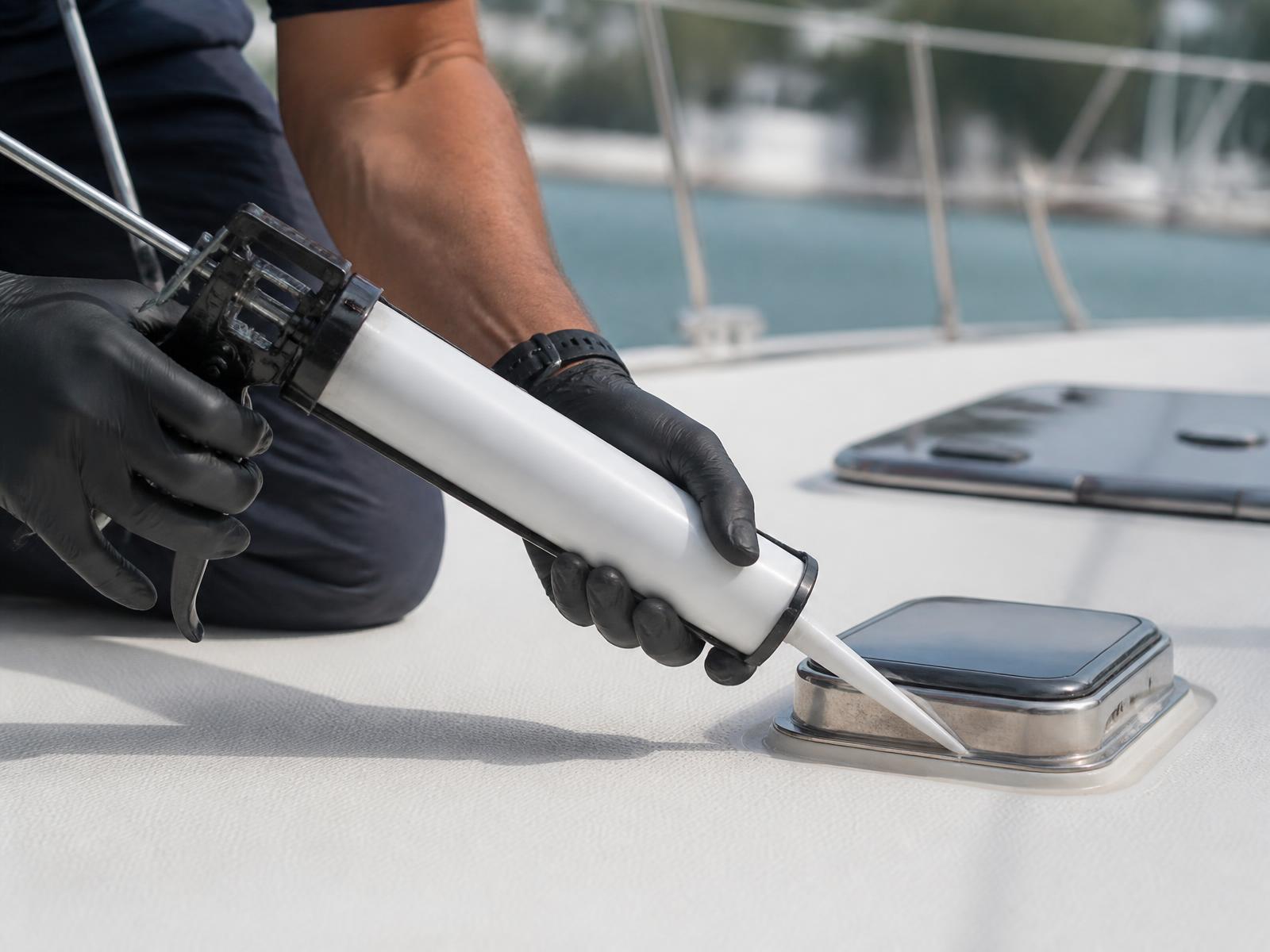 Technician sealing the joint around a marine deck fitting