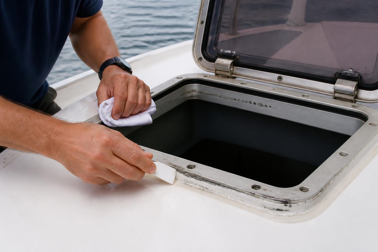 Marine technician preparing the bonding interface around a yacht deck hatch
