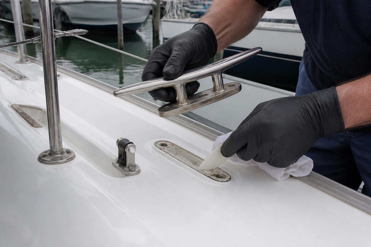 Technician preparing the mounting interface for a yacht deck cleat