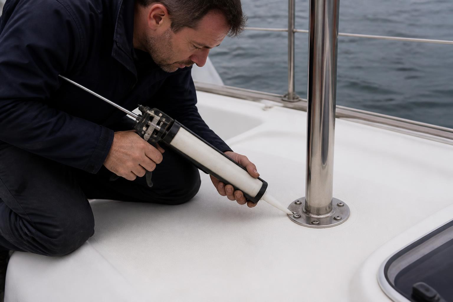 Marine technician applying sealant precisely around a yacht deck fitting