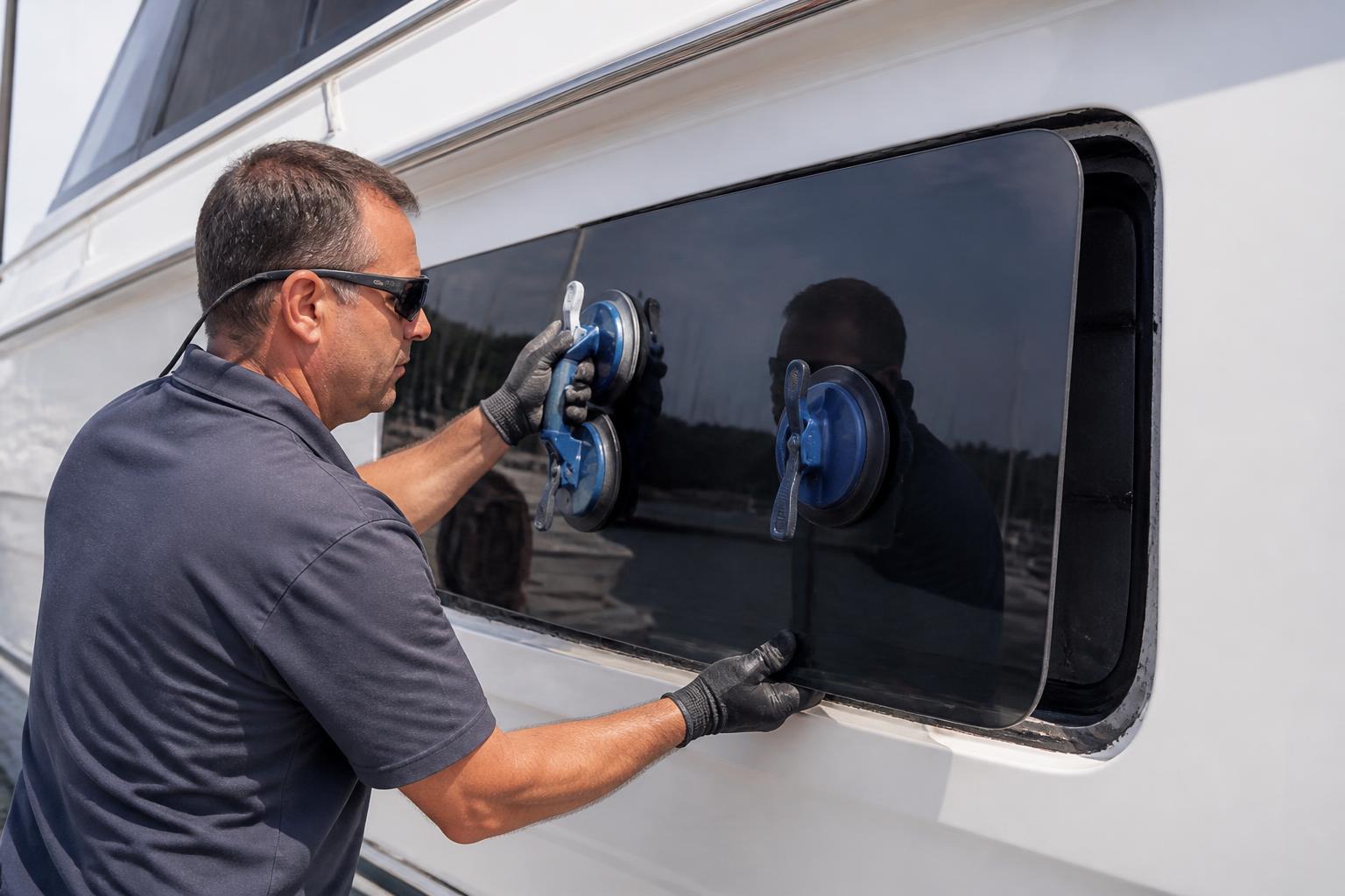 Technician positioning marine glazing into a prepared yacht window frame