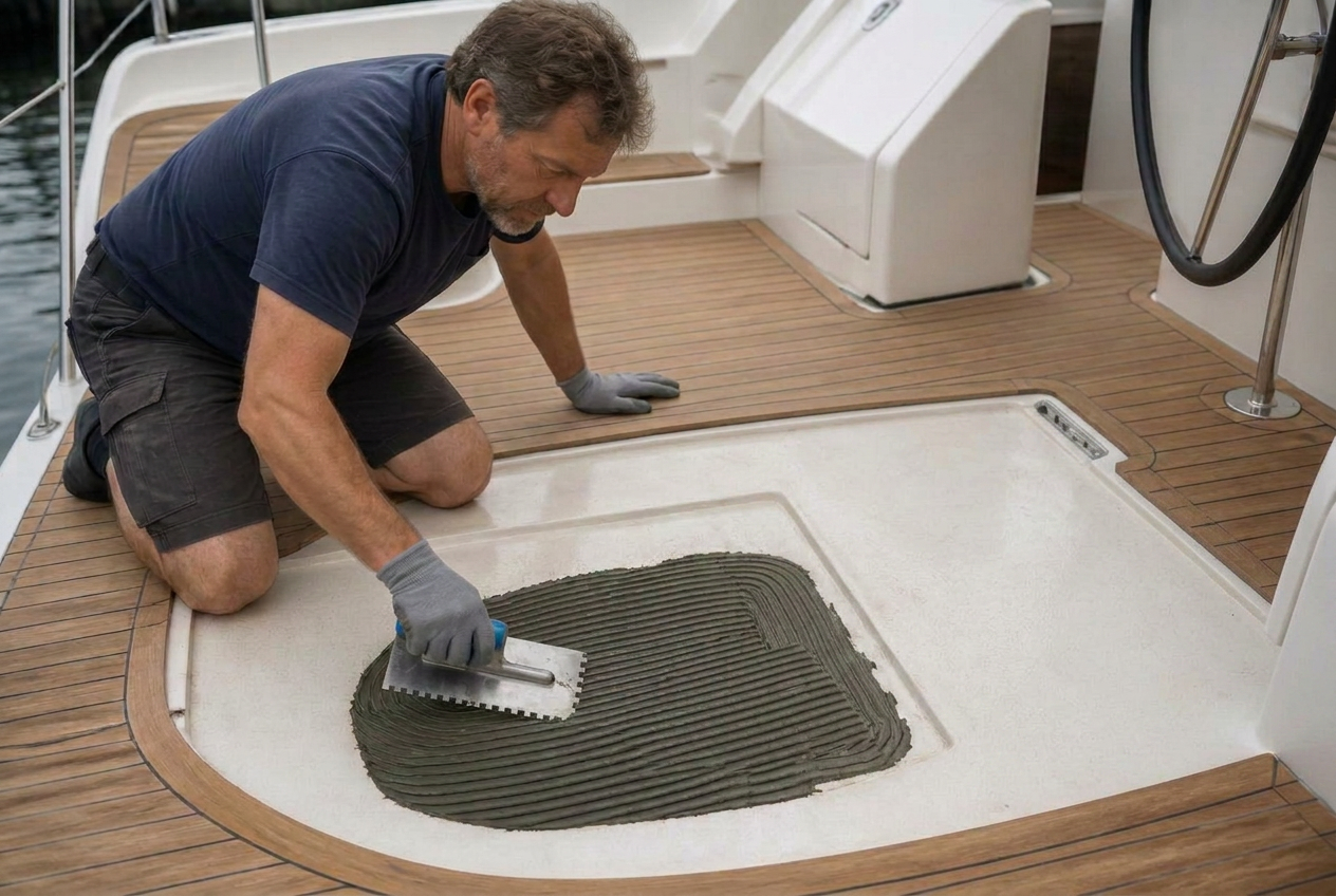 Technician spreading adhesive beneath a bounded teak yacht deck panel