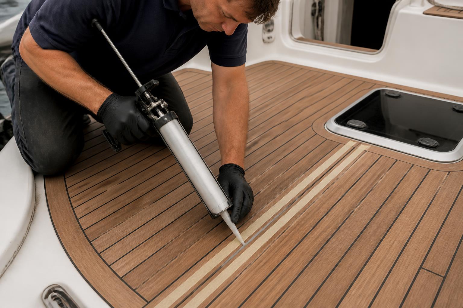 Caulking nozzle following a taped longitudinal seam between teak deck planks