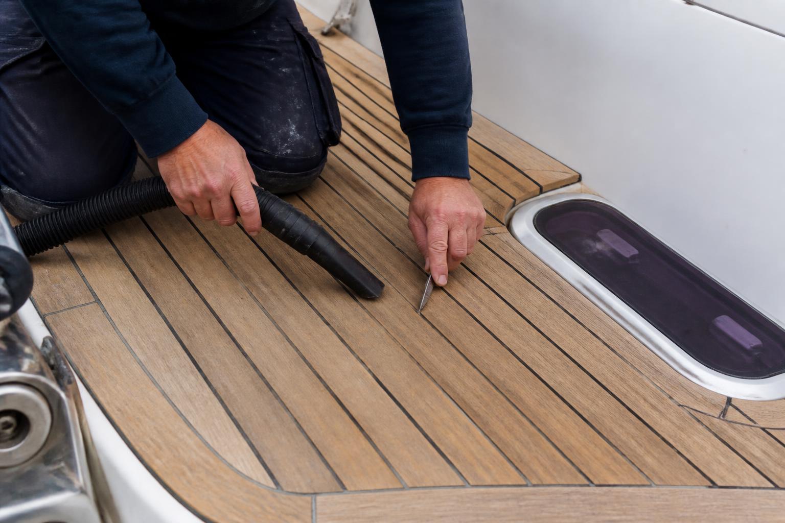 Technician cleaning a longitudinal seam on a bounded yacht teak deck